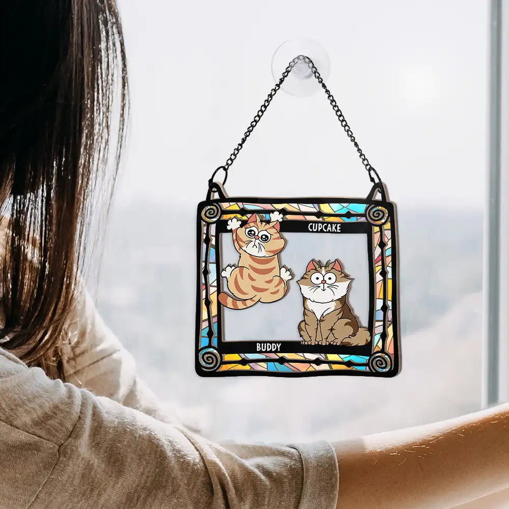 Funny Cats Scratching Window - Personalized Window Hanging Suncatcher Ornament