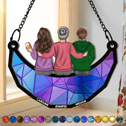 Maman et ses enfants assis sur la lune – Ornement attrape-soleil personnalisé à suspendre à la fenêtre 
