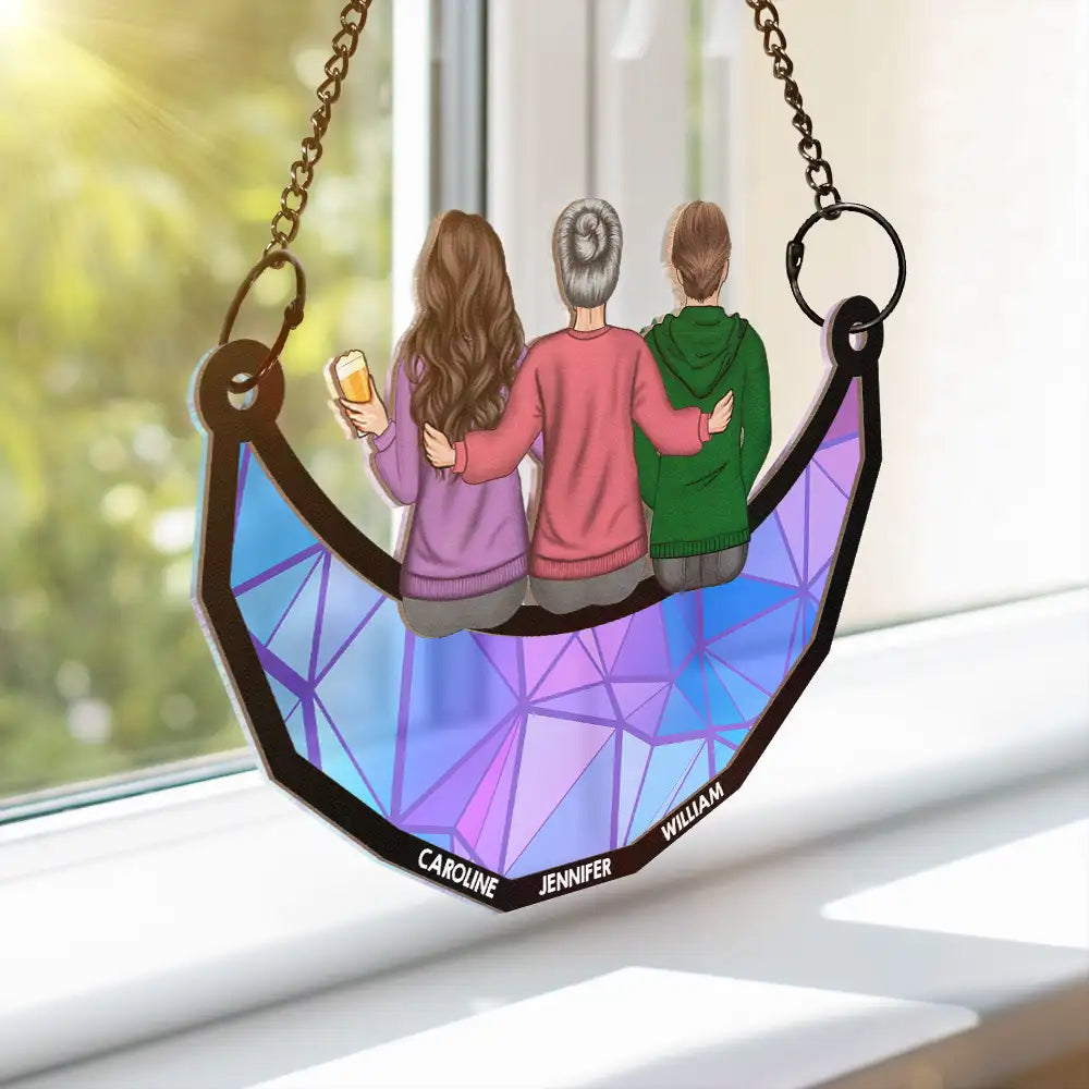 Maman et ses enfants assis sur la lune – Ornement attrape-soleil personnalisé à suspendre à la fenêtre 