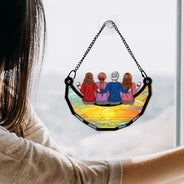Maman et ses enfants assis sur la lune – Ornement attrape-soleil personnalisé à suspendre à la fenêtre 