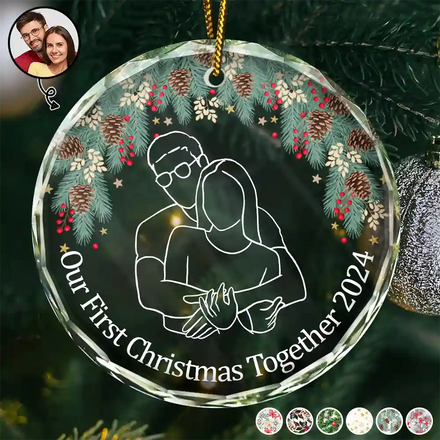 Portrait photo personnalisé de Noël sur une ligne - Ornement en verre rond personnalisé 