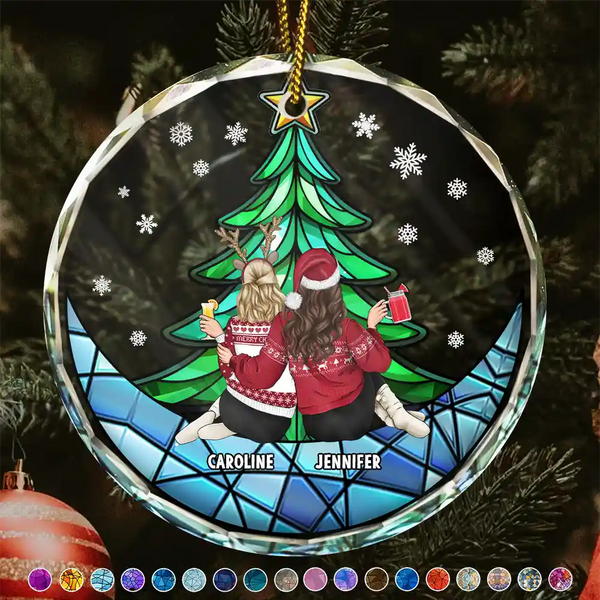 Gift For Bestie, Sibling - Besties Friends Brothers Sisters Sitting Together - Personalized Circle Glass Ornament