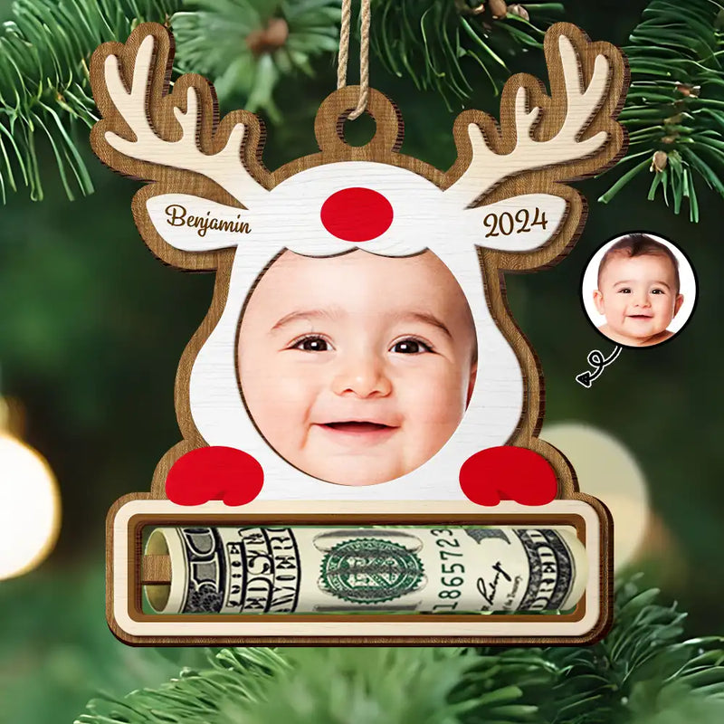 Gift For Kids - Custom Photo Christmas Reindeer - Personalized 2-Layered Wooden Ornament, Money Holder Ornament