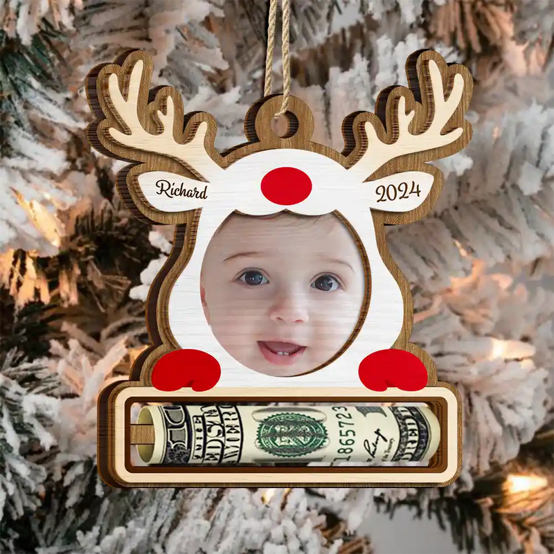Gift For Kids - Custom Photo Christmas Reindeer - Personalized 2-Layered Wooden Ornament, Money Holder Ornament