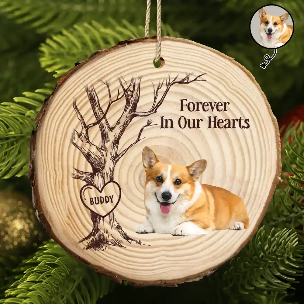 Christmas,Custom Photo,Pet Lovers,Memorial,Sad - Custom Photo Forever In Our Hearts - Personalized Wood Slice Ornament