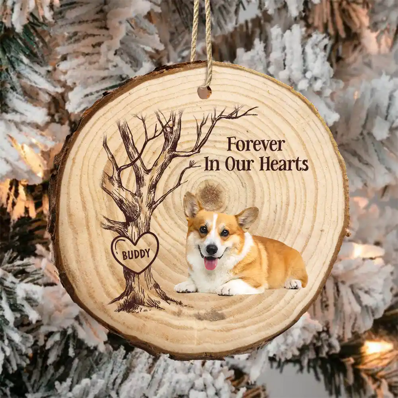 Christmas,Custom Photo,Pet Lovers,Memorial,Sad - Custom Photo Forever In Our Hearts - Personalized Wood Slice Ornament