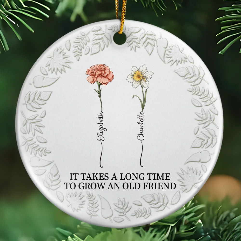 Birth Flower Grow An Old Friend - 3D Embossed Effect Printed Ornament, Personalized Circle Ceramic Ornament