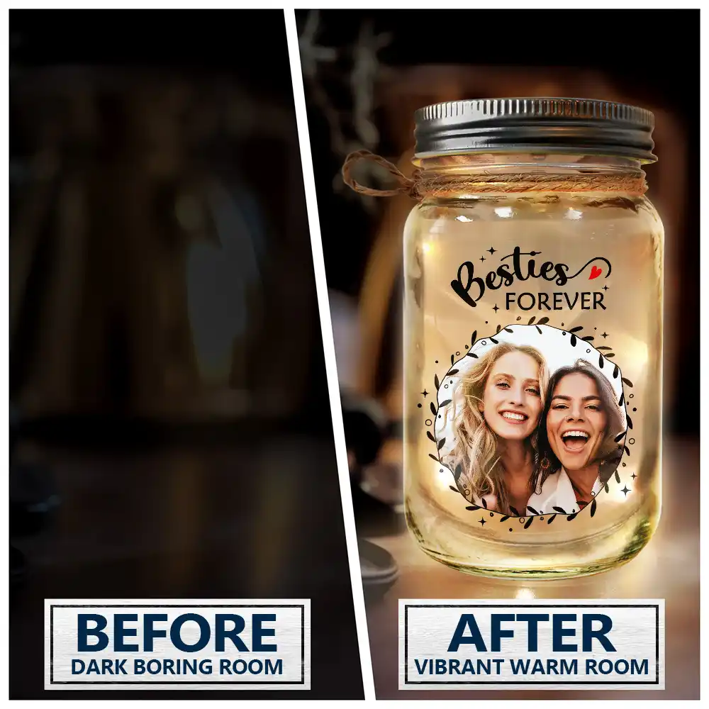 Custom Photo,Gift For Bestie,Happy - Custom Photo Our Memories Are Countless Our Friendship Is Endless - Personalized Mason Jar Light