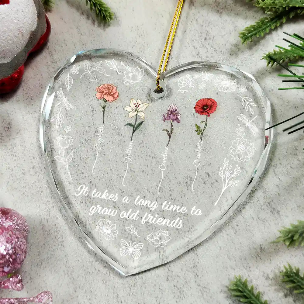 Gift For Bestie - Birth Flower Grow Old Friends - Personalized Glass Ornament