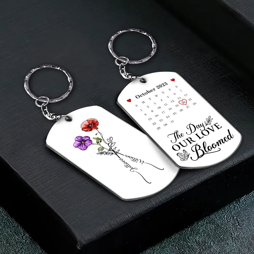 Gift For Couples, Gift For Husband, Gift For Wife, Gift For Boyfriend, Gift For Girlfriend - Birth Flowers With Calendar Our Love Bloomed - Personalized Aluminum Keychain