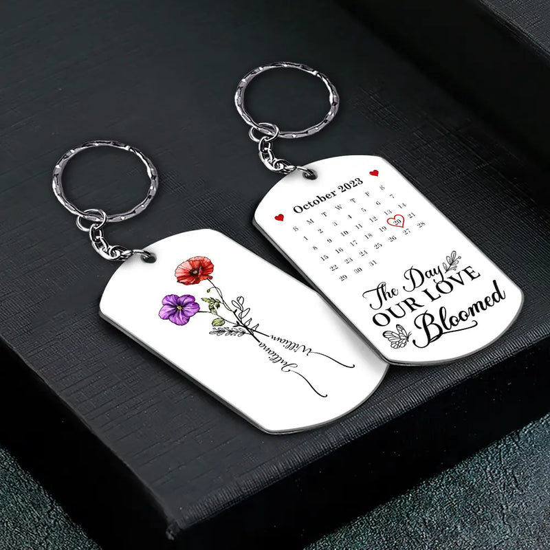 Gift For Couples, Gift For Husband, Gift For Wife, Gift For Boyfriend, Gift For Girlfriend - Birth Flowers With Calendar Our Love Bloomed - Personalized Aluminum Keychain
