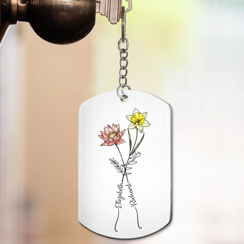 Gift For Couples, Gift For Husband, Gift For Wife, Gift For Boyfriend, Gift For Girlfriend - Birth Flowers With Calendar Our Love Bloomed - Personalized Aluminum Keychain