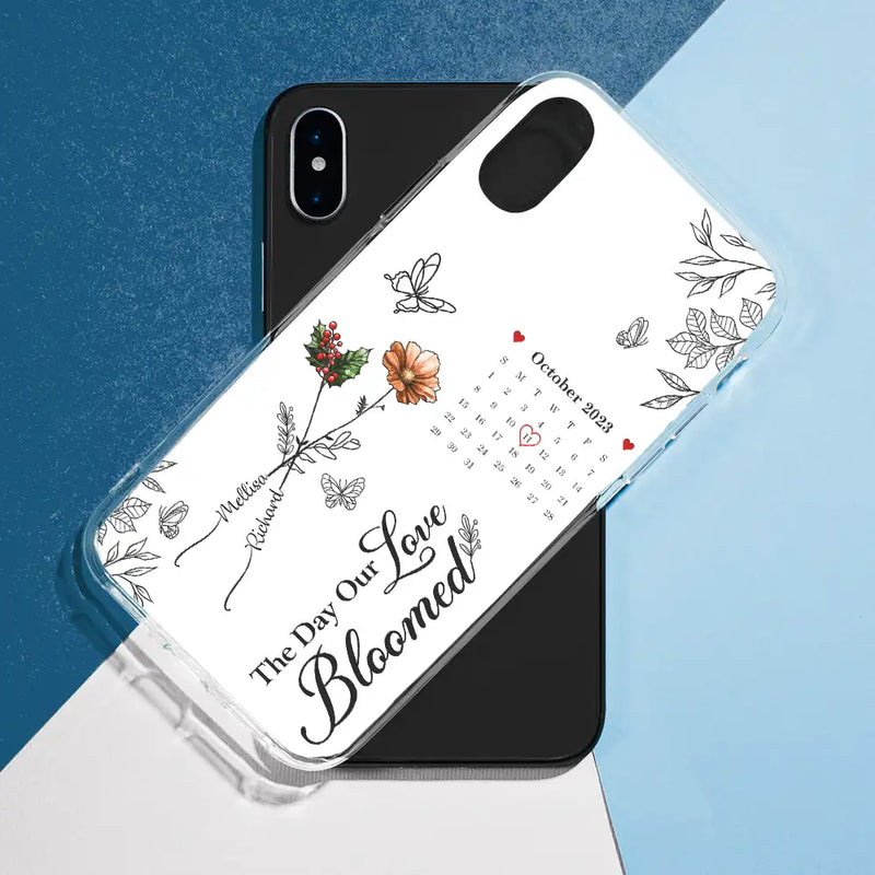 Gift For Couples,Gift For Husband,Gift For Wife,Gift For Boyfriend,Gift For Girlfriend - Birth Flowers With Calendar Our Love Bloomed - Personalized Clear Phone Case