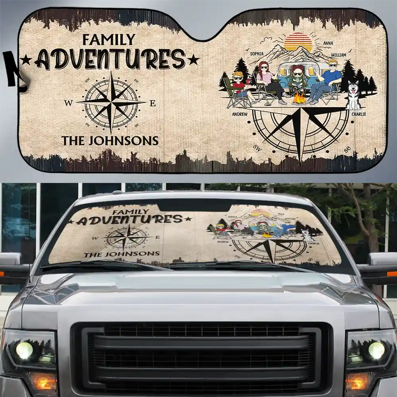 Camping,Campsite,Happy - Family Adventures Camping - Personalized Auto Sunshade