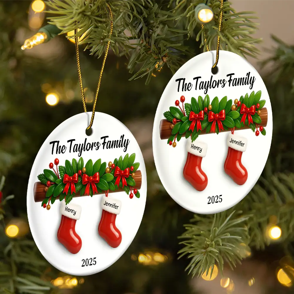 Family,Pet Lovers,Pet Mom,Pet Dad,Pet Couple,Dog Lovers,Dog Couple,Dog Mom,Dog Dad,Cat Lovers,Cat Mom,Cat Dad,Cat Couple,Happy,Christmas,Gift For Women,Gift For Men - Family Christmas Stockings Ceramic Effect - Personalized Circle Ceramic Ornament