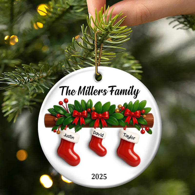 Family,Pet Lovers,Pet Mom,Pet Dad,Pet Couple,Dog Lovers,Dog Couple,Dog Mom,Dog Dad,Cat Lovers,Cat Mom,Cat Dad,Cat Couple,Happy,Christmas,Gift For Women,Gift For Men - Family Christmas Stockings Ceramic Effect - Personalized Circle Ceramic Ornament
