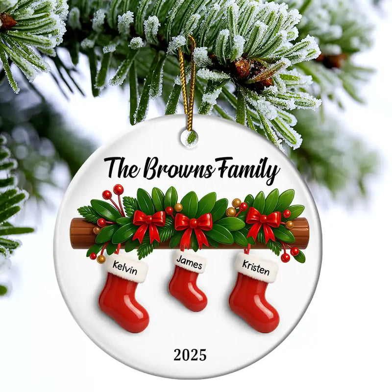 Family,Pet Lovers,Pet Mom,Pet Dad,Pet Couple,Dog Lovers,Dog Couple,Dog Mom,Dog Dad,Cat Lovers,Cat Mom,Cat Dad,Cat Couple,Happy,Christmas,Gift For Women,Gift For Men - Family Christmas Stockings Ceramic Effect - Personalized Circle Ceramic Ornament