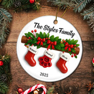 Family,Pet Lovers,Pet Mom,Pet Dad,Pet Couple,Dog Lovers,Dog Couple,Dog Mom,Dog Dad,Cat Lovers,Cat Mom,Cat Dad,Cat Couple,Happy,Christmas,Gift For Women,Gift For Men - Family Christmas Stockings Ceramic Effect - Personalized Circle Ceramic Ornament