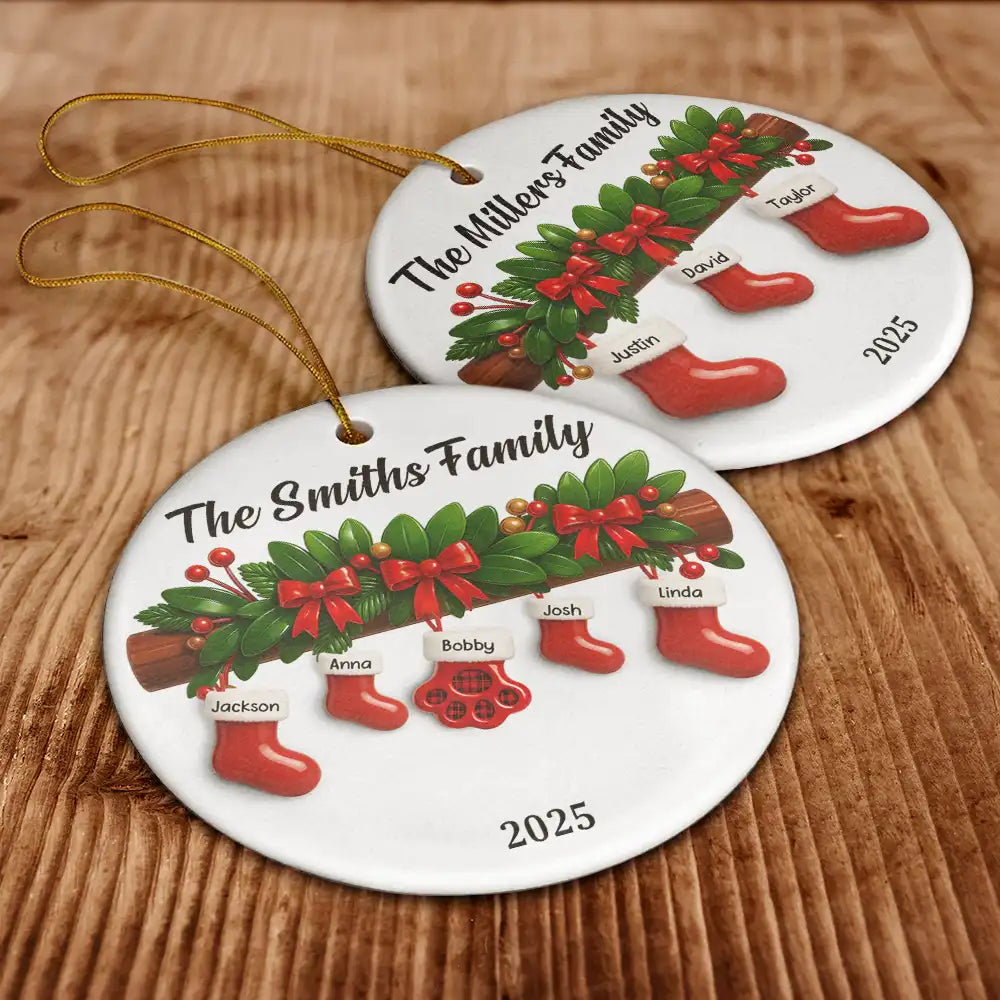 Family,Pet Lovers,Pet Mom,Pet Dad,Pet Couple,Dog Lovers,Dog Couple,Dog Mom,Dog Dad,Cat Lovers,Cat Mom,Cat Dad,Cat Couple,Happy,Christmas,Gift For Women,Gift For Men - Family Christmas Stockings Ceramic Effect - Personalized Circle Ceramic Ornament