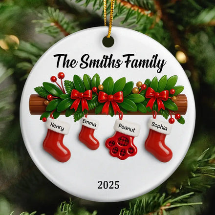 Family Christmas Stockings Ceramic Effect - Personalized Circle Ceramic Ornament