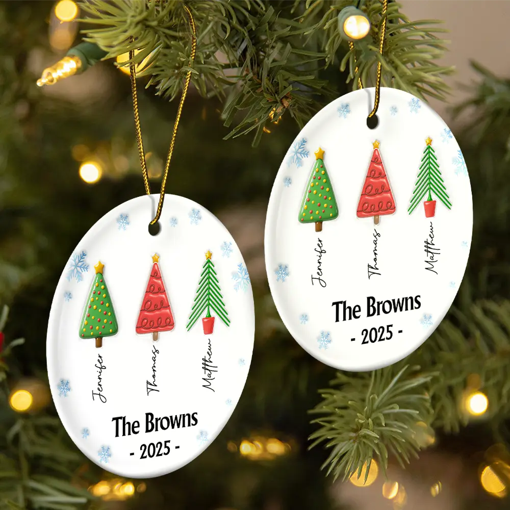 Family,Gift For Women,Gift For Men,Christmas,Top Market,Happy - Family Christmas Tree 3D Inflated - Personalized Circle Ceramic Ornament