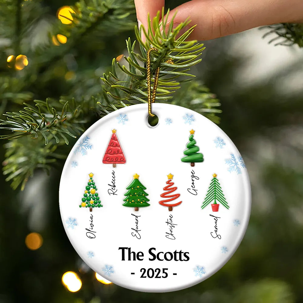 Family,Gift For Women,Gift For Men,Christmas,Top Market,Happy - Family Christmas Tree 3D Inflated - Personalized Circle Ceramic Ornament