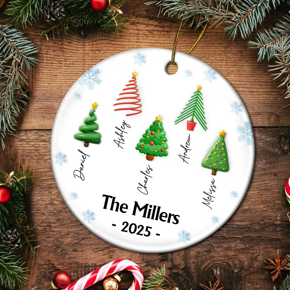 Family,Gift For Women,Gift For Men,Christmas,Top Market,Happy - Family Christmas Tree 3D Inflated - Personalized Circle Ceramic Ornament