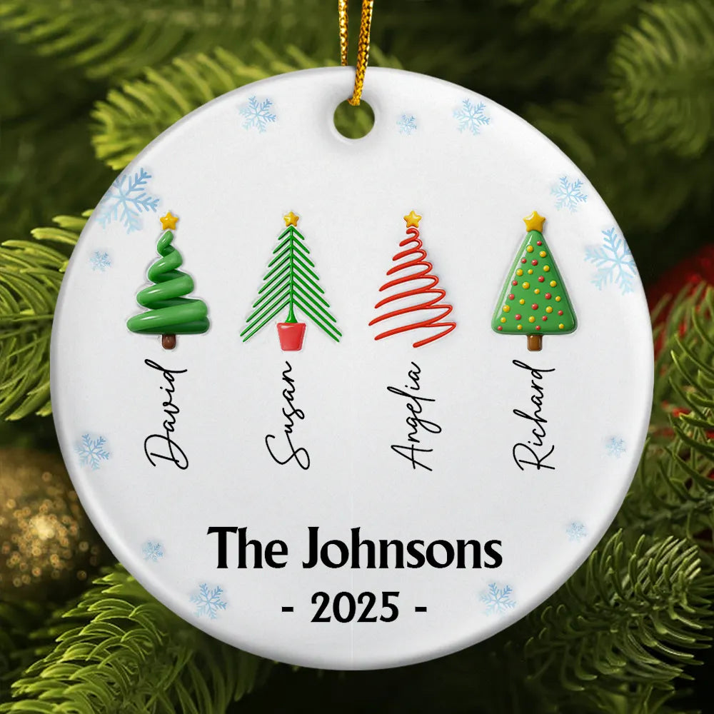 Family Christmas Tree 3D Inflated - Personalized Circle Ceramic Ornament