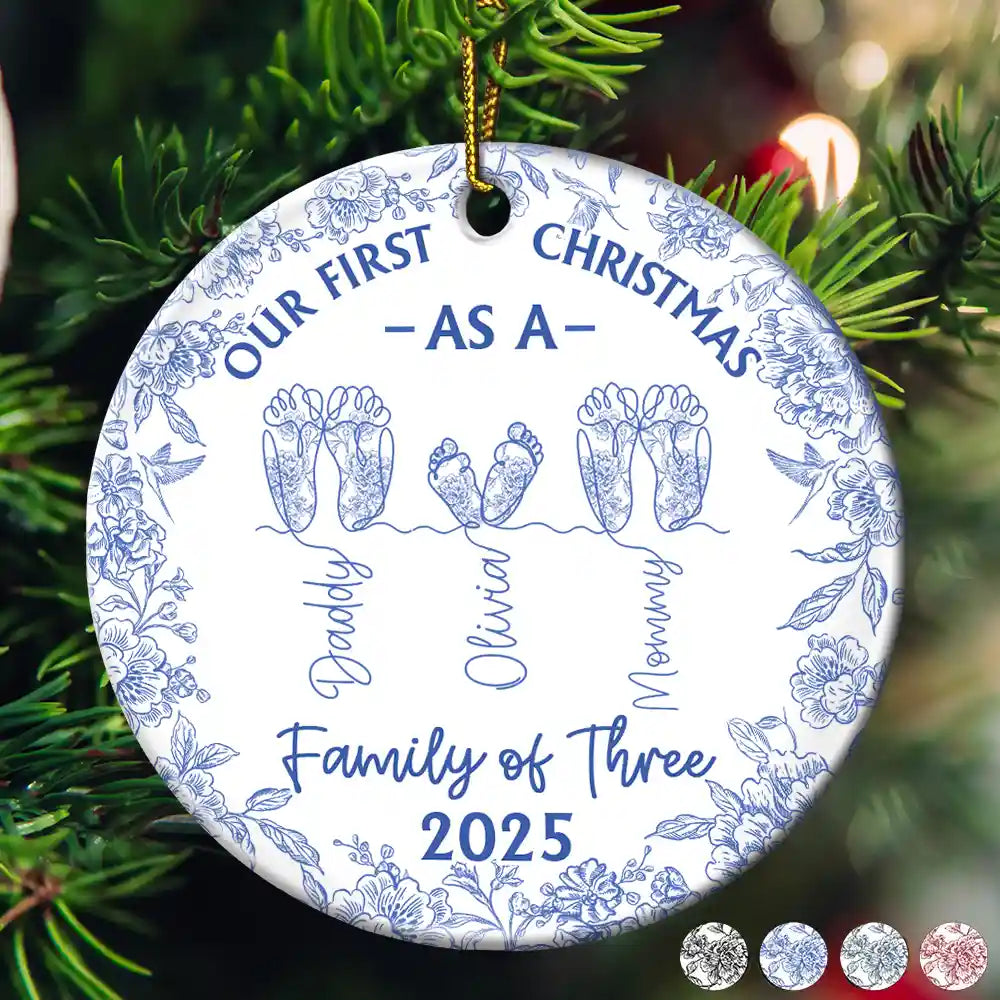 Family Footprint One Line Art First Christmas As A Family Of Three Toile Pattern - Personalized Circle Ceramic Ornament