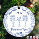 Christmas, New Dad, New baby, New Mom, Happy - Family Footprint One Line Art First Christmas As A Family Of Three Toile Pattern - Personalized Circle Ceramic Ornament