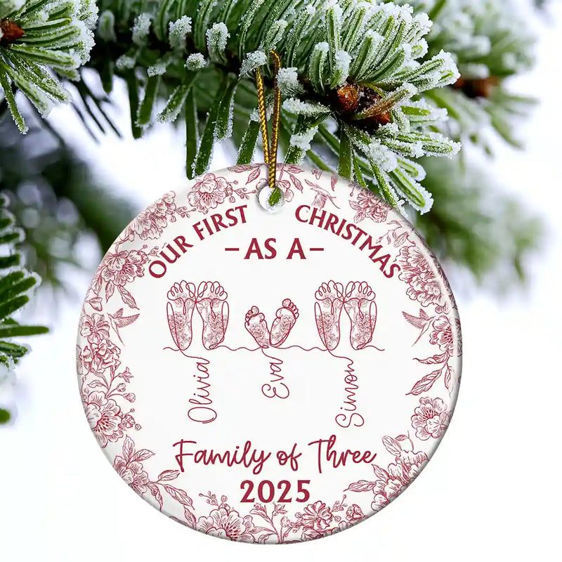Christmas, New Dad, New baby, New Mom, Happy - Family Footprint One Line Art First Christmas As A Family Of Three Toile Pattern - Personalized Circle Ceramic Ornament
