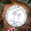 Christmas, New Dad, New baby, New Mom, Happy - Family Footprint One Line Art First Christmas As A Family Of Three Toile Pattern - Personalized Circle Ceramic Ornament