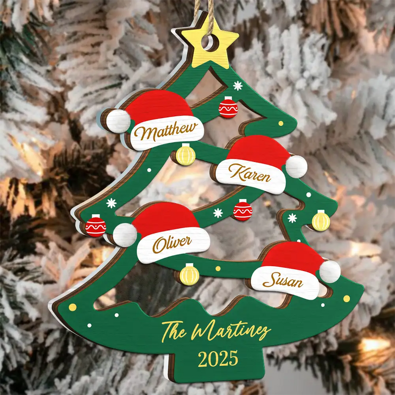 Gift For Couples,Family,Happy,Christmas - Family Friend Santa Hat Christmas Tree - Personalized 2-Layered Mix Ornament