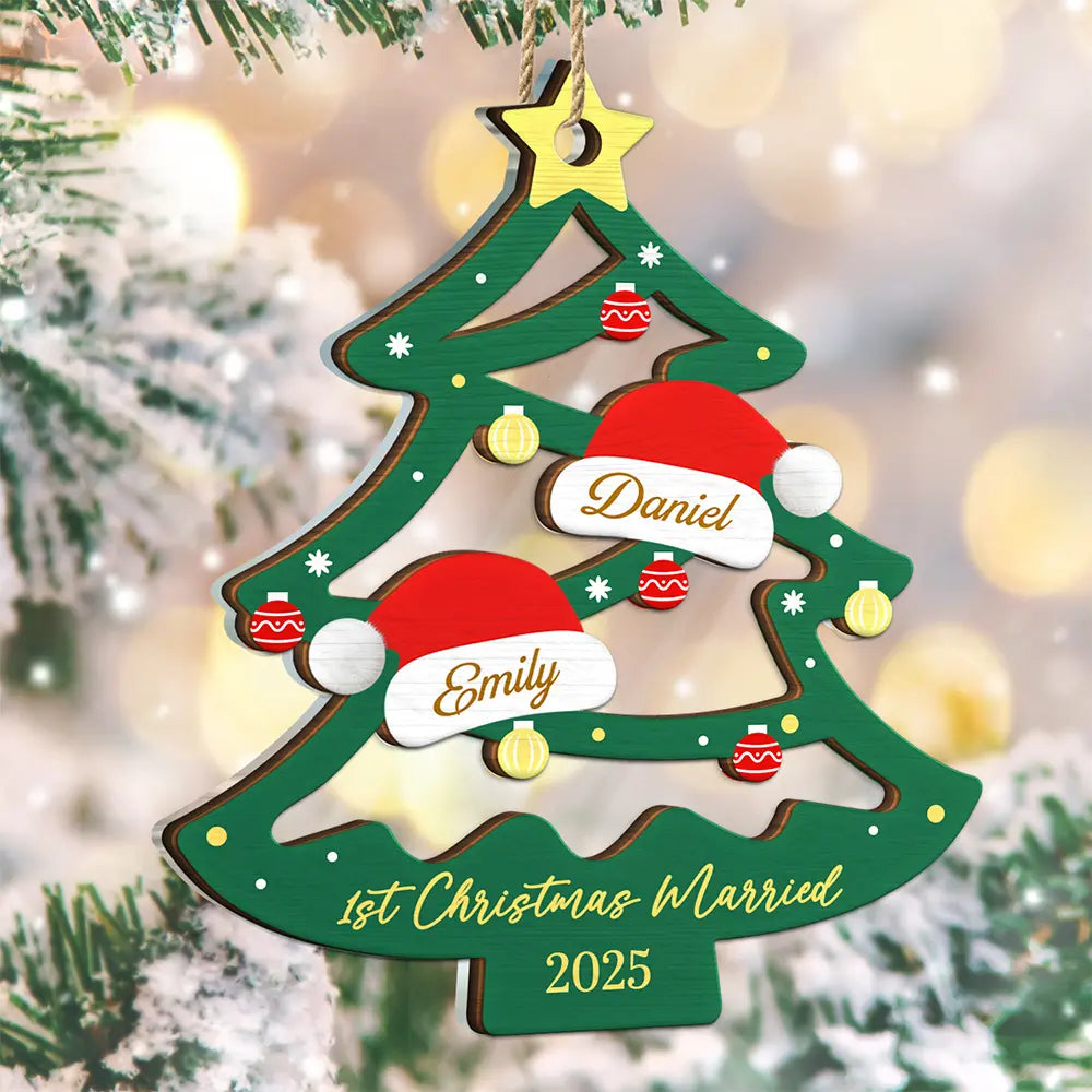 Family Friend Santa Hat Christmas Tree - Personalized 2-Layered Mix Ornament