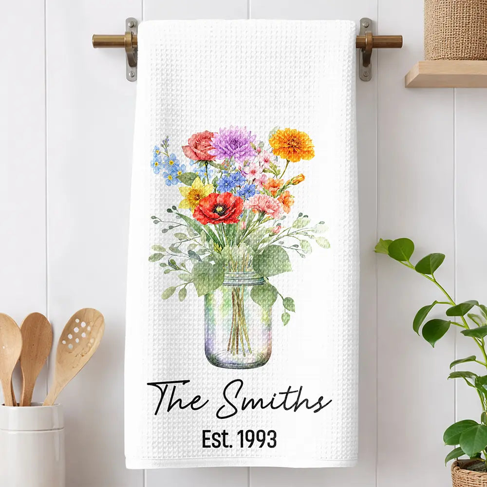 Gift For Wife,Gift For Mother,Gift For Grandma,Happy,Family - Family Grandma Mom Watercolor Birth Flower Jar - Personalized Kitchen Towel