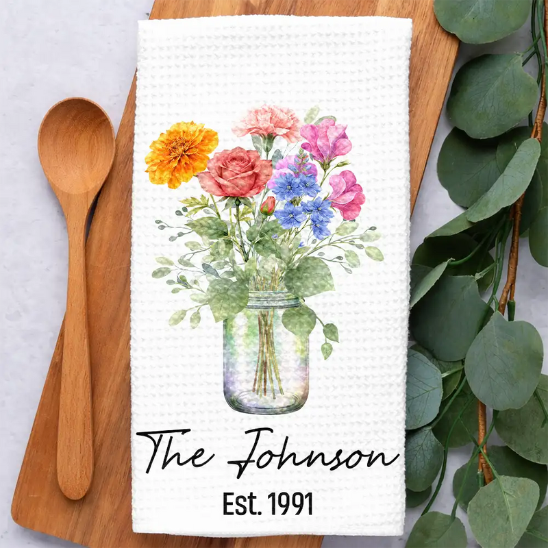 Gift For Wife,Gift For Mother,Gift For Grandma,Happy,Family - Family Grandma Mom Watercolor Birth Flower Jar - Personalized Kitchen Towel