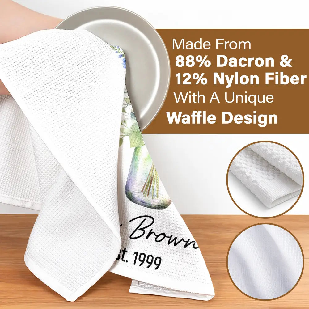 Gift For Wife,Gift For Mother,Gift For Grandma,Happy,Family - Family Grandma Mom Watercolor Birth Flower Jar - Personalized Kitchen Towel