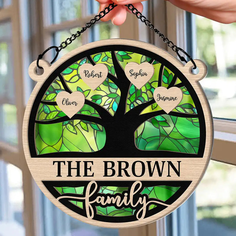 Gift For Couples,Gift For Husband,Gift For Wife,Parents,Family,Gift For Father,Gift For Mother,Gift For Grandpa,Gift For Grandma,Love,Christmas - Family Heart Tree - Personalized Window Hanging Suncatcher Ornament