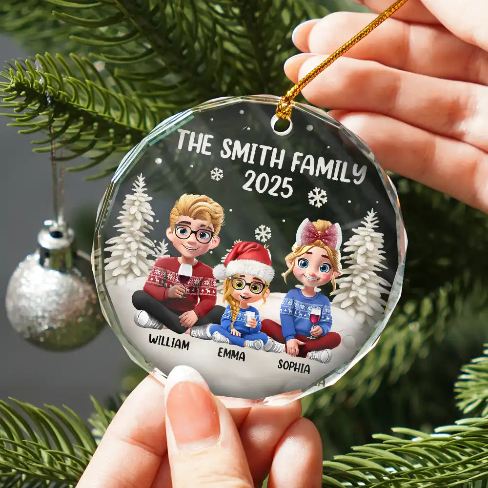 Christmas,Family,Dog Lovers,Cat Lovers,Pet Lovers,Parents,Happy - Family Kid Dog Cat - Personalized Circle Glass Ornament