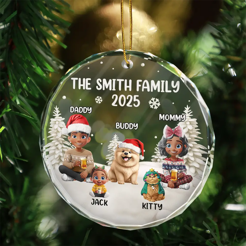 Christmas,Family,Dog Lovers,Cat Lovers,Pet Lovers,Parents,Happy - Family Kid Dog Cat - Personalized Circle Glass Ornament