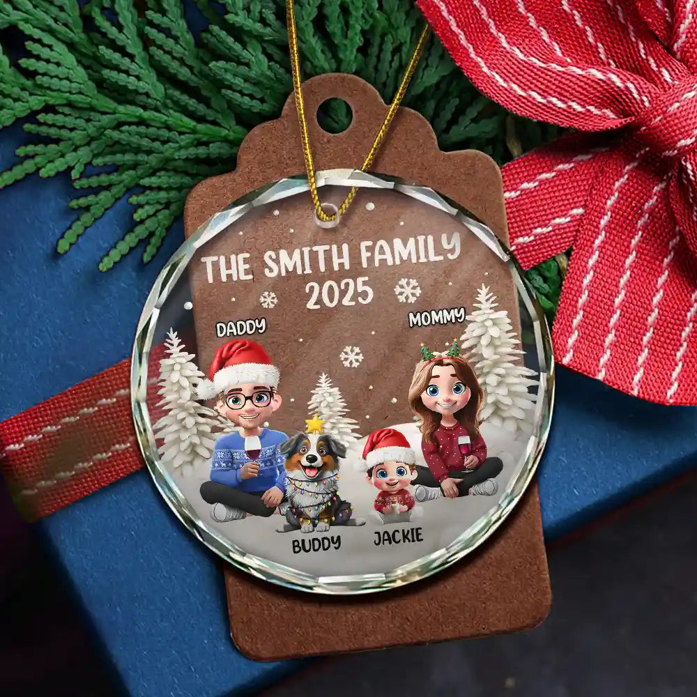 Christmas,Family,Dog Lovers,Cat Lovers,Pet Lovers,Parents,Happy - Family Kid Dog Cat - Personalized Circle Glass Ornament