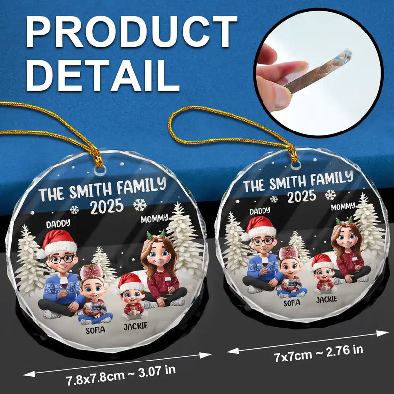 Christmas,Family,Dog Lovers,Cat Lovers,Pet Lovers,Parents,Happy - Family Kid Dog Cat - Personalized Circle Glass Ornament