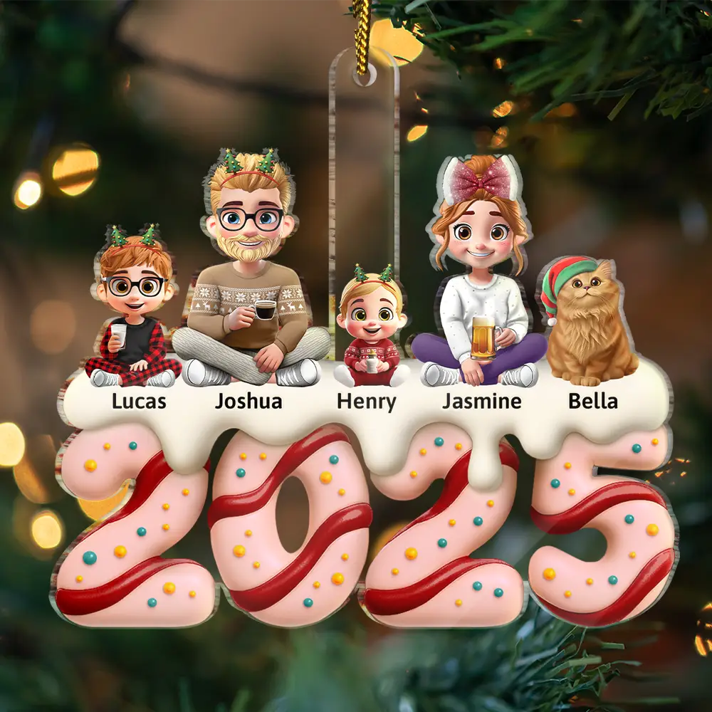 Happy,Gift For Couples,Gift For Husband,Gift For Wife,Parents,Family,Dog Lovers,Cat Lovers,Pet Lovers - Family Kid Dog Cat Christmas Tree Cake - Personalized Custom Shaped Acrylic Ornament