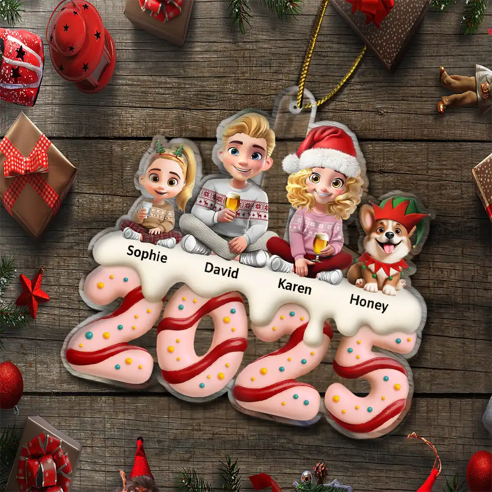 Happy,Gift For Couples,Gift For Husband,Gift For Wife,Parents,Family,Dog Lovers,Cat Lovers,Pet Lovers - Family Kid Dog Cat Christmas Tree Cake - Personalized Custom Shaped Acrylic Ornament