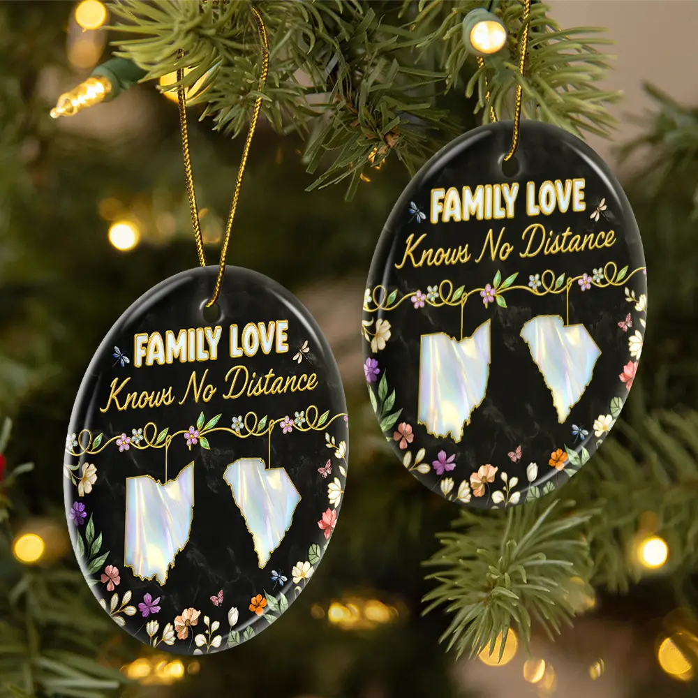 Family,Parents,Gift For Grandparents,Gift For Sibling,Gift For Sisters,Gift For Brothers,Love,Christmas,Long Distance - Family Love Knows No Distance Nacre Effect - 3D Inflated Effect Printed Ornament, Personalized Circle Ceramic Ornament