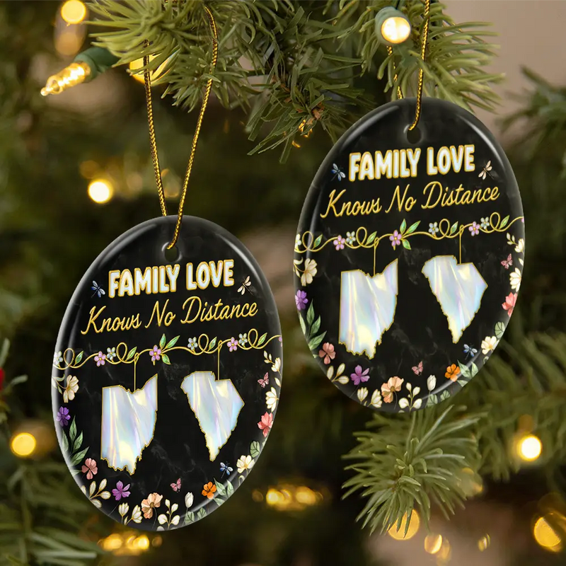 Family,Parents,Gift For Grandparents,Gift For Sibling,Gift For Sisters,Gift For Brothers,Love,Christmas,Long Distance - Family Love Knows No Distance Nacre Effect - 3D Inflated Effect Printed Ornament, Personalized Circle Ceramic Ornament