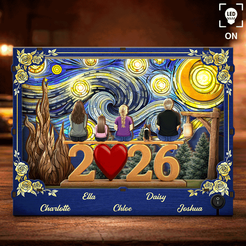 Family,Pet Lovers,Happy,Love,Non-Eng,Vector,Sentimental - Family Members Including Dog And Cat Love Starlit Night - Personalized DIY Book Nook Kit