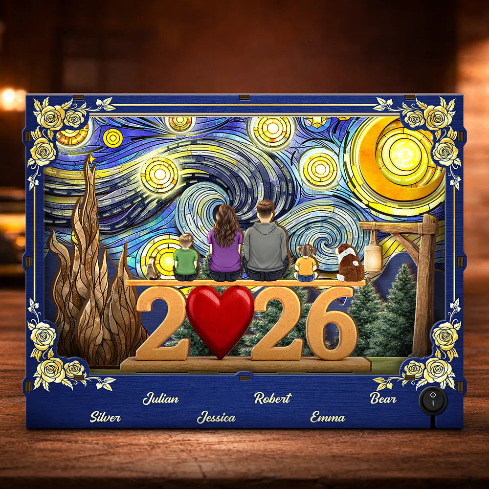 Family,Pet Lovers,Happy,Love,Non-Eng,Vector,Sentimental - Family Members Including Dog And Cat Love Starlit Night - Personalized DIY Book Nook Kit