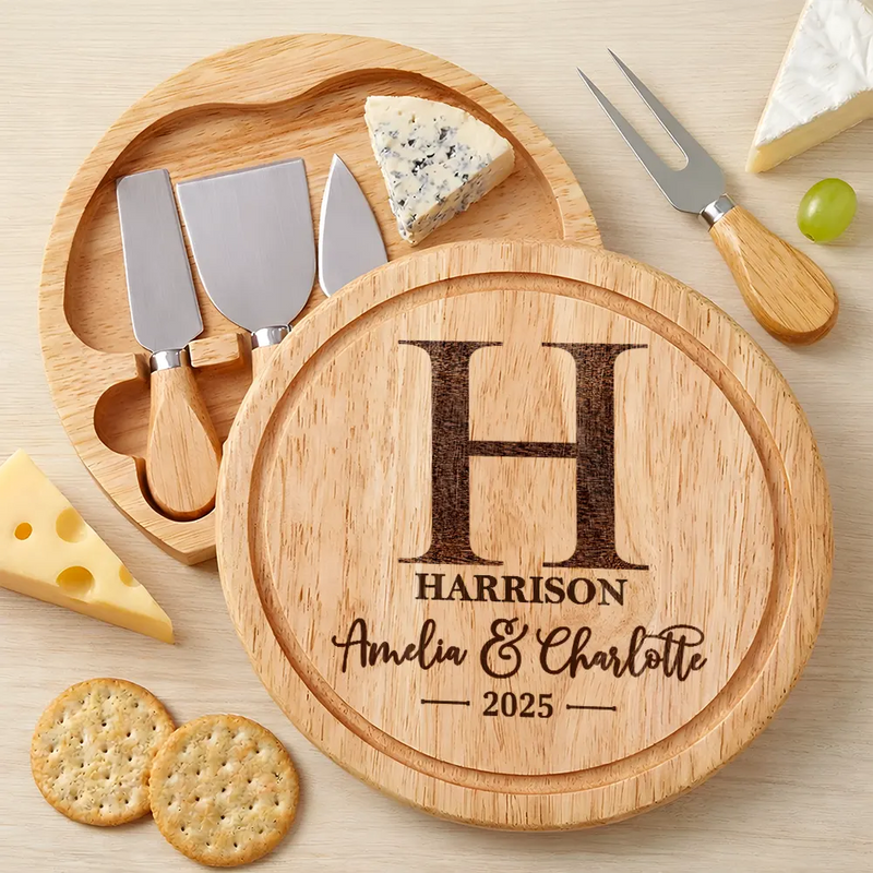 Gift For Couples,Family,Happy - Family Monogram Name Charcuterie Couple Initial - Personalized Cheese Board Set