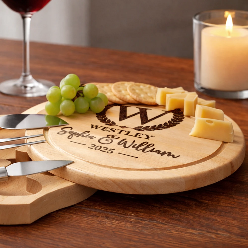 Gift For Couples,Family,Happy - Family Monogram Name Charcuterie Couple Initial - Personalized Cheese Board Set